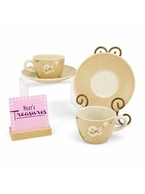 Royal Stafford Crate & Barrel ORCHID Flower  Beige Flat Cups & Saucer Set of 2